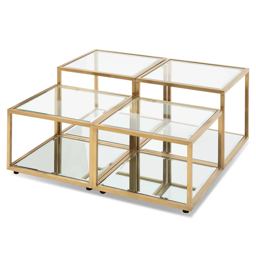 Orion 100cm Glass Coffee Table - Brushed Gold Base (Set of 4) - House of Hyne