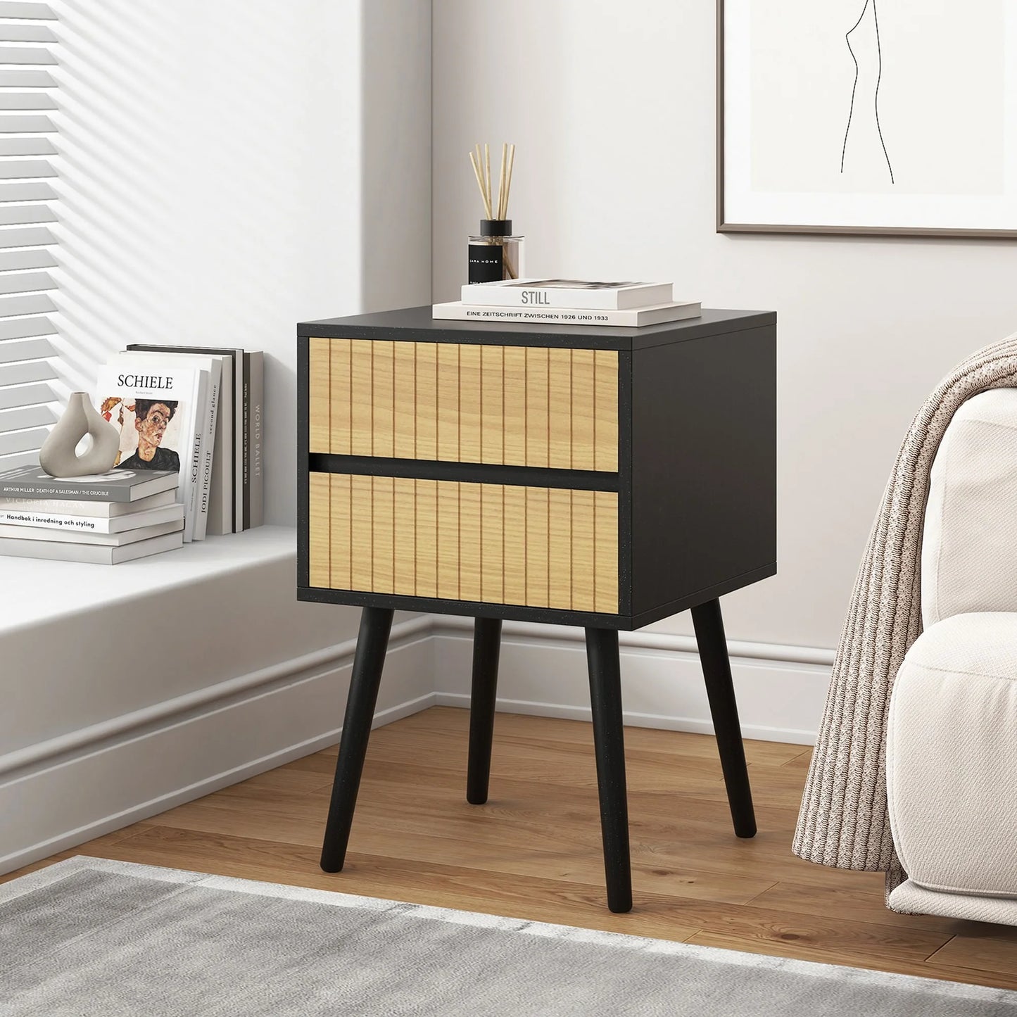 Vorlek Oslo Bedside Table with 2 Drawers in Black & Natural-houseofhyne