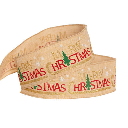 Zyvan Ribbon Linen Merry Christmas Wire Edge Natural (60mmx20m)x 2-houseofhyne