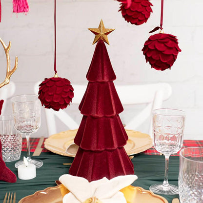 Branix Flocked Table Top Tree w Gold Star Burgundy (38cmH)x 3-houseofhyne