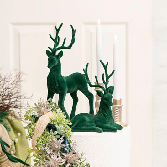 Nymir Sitting Flocked Reindeer Dark Green (18x25cmH)-set of 3-houseofhyne