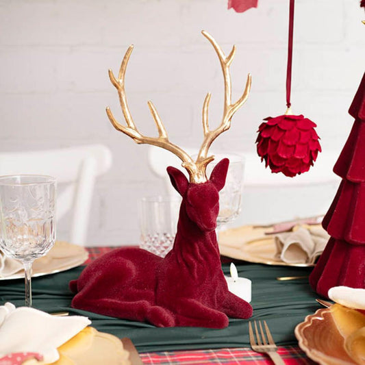 Fyrnix Sitting Flocked Reindeer w Gold Horn Burgundy (25x36cmH)-set of 2-houseofhyne