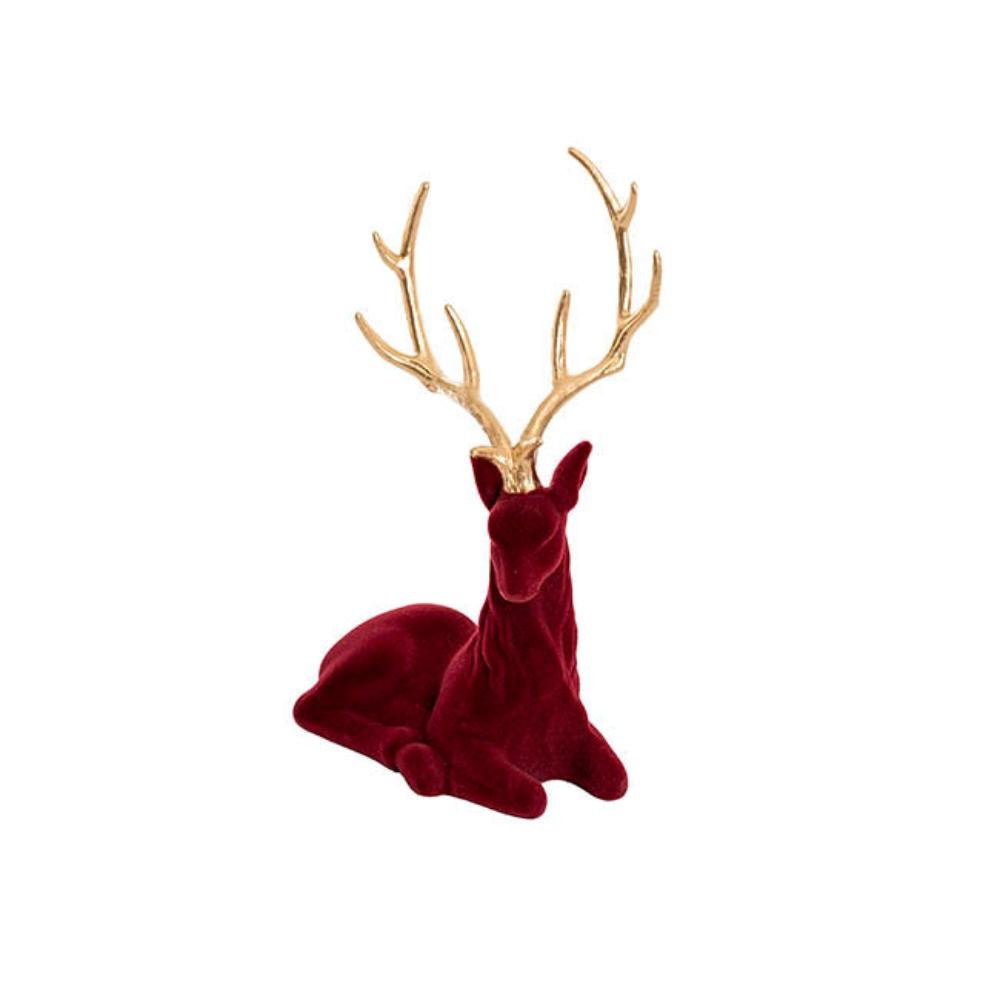 Fyrnix Sitting Flocked Reindeer w Gold Horn Burgundy (25x36cmH)-set of 2-houseofhyne