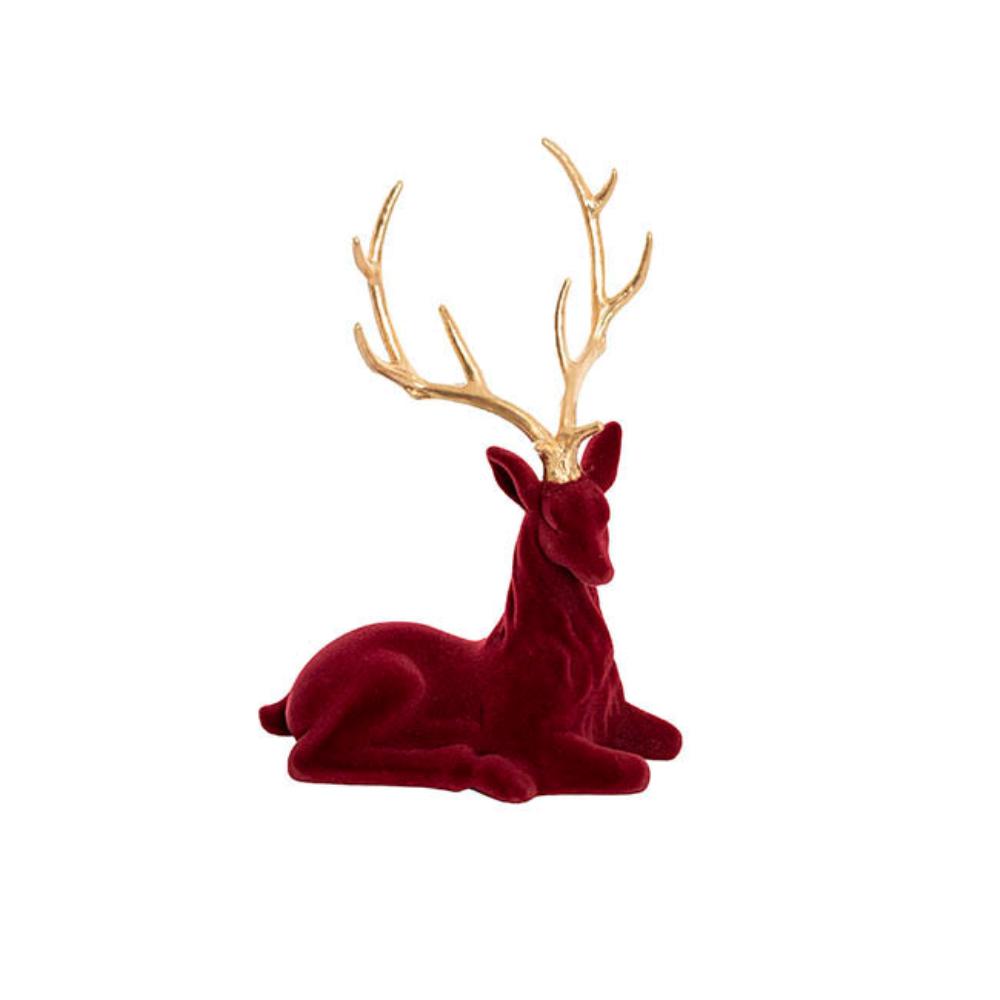 Fyrnix Sitting Flocked Reindeer w Gold Horn Burgundy (25x36cmH)-set of 2-houseofhyne