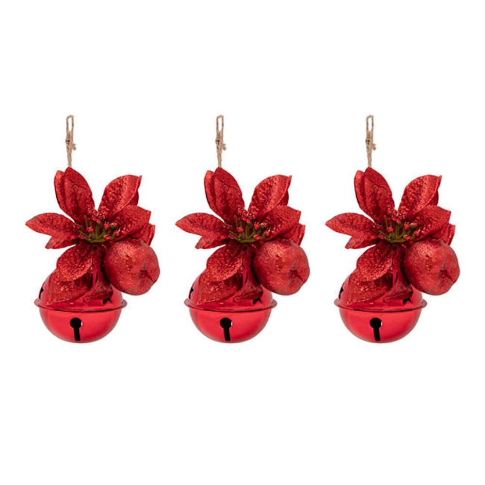 Xylar Christmas Hanging Bells w Poinsettia Pack 3 Red (6cmD)x 6-houseofhyne