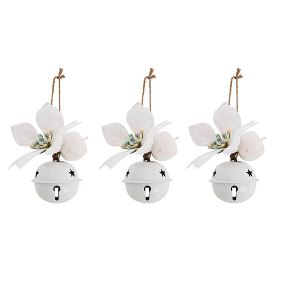 Grithor Christmas Hanging Bells w Poinsettia Pack 3 White (6cmD)x 6-houseofhyne