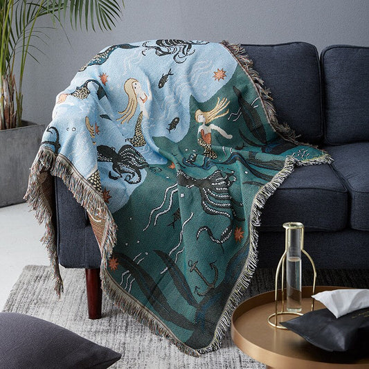 Azure Siren Anyhouz Throw Blanket Blue Mermaid Pattern with Tassel 1