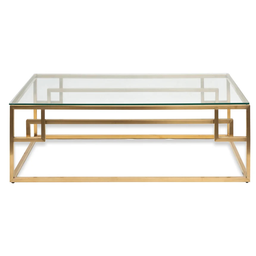 Astral 1.2m Coffee Table - Glass Top - Brushed Gold Base - House of Hyne