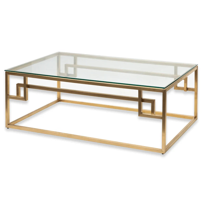 Astral 1.2m Coffee Table - Glass Top - Brushed Gold Base - House of Hyne