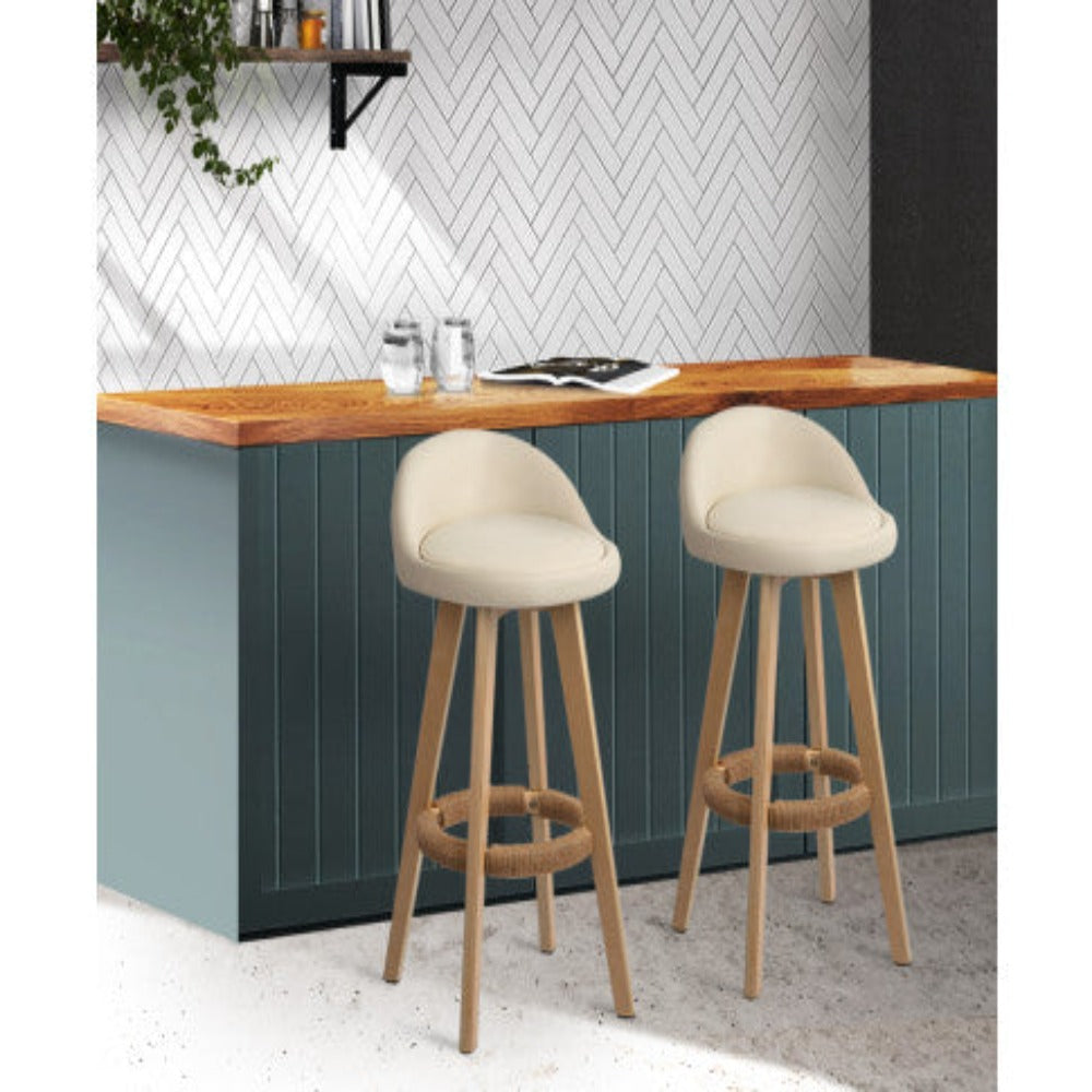 Artiss 2x Bar Stools Padded Leather Wooden Beige 8