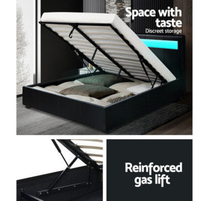 Artiss Bed Frame Double Size LED Gas Lift Black COLE 7