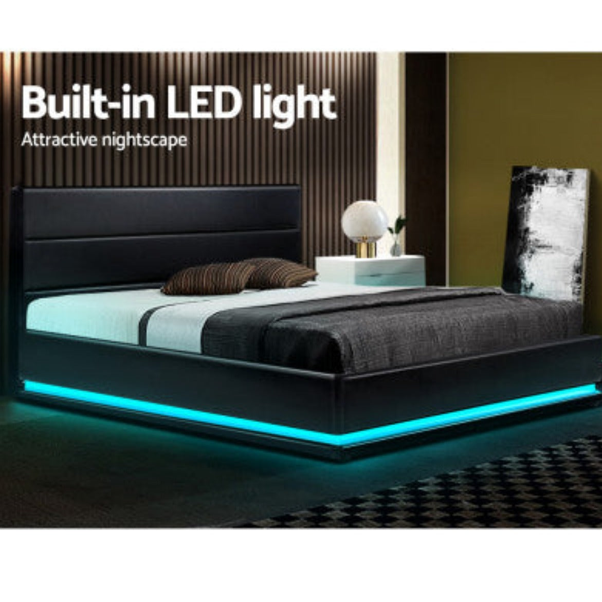 Artiss Bed Frame King Size LED Gas Lift Black LUMI 5