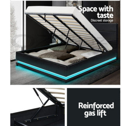 Artiss Bed Frame King Size LED Gas Lift Black LUMI 7