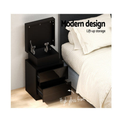 Artiss Bedside Table LED 2 Drawers Lift-up Storage - COLEY Black 5