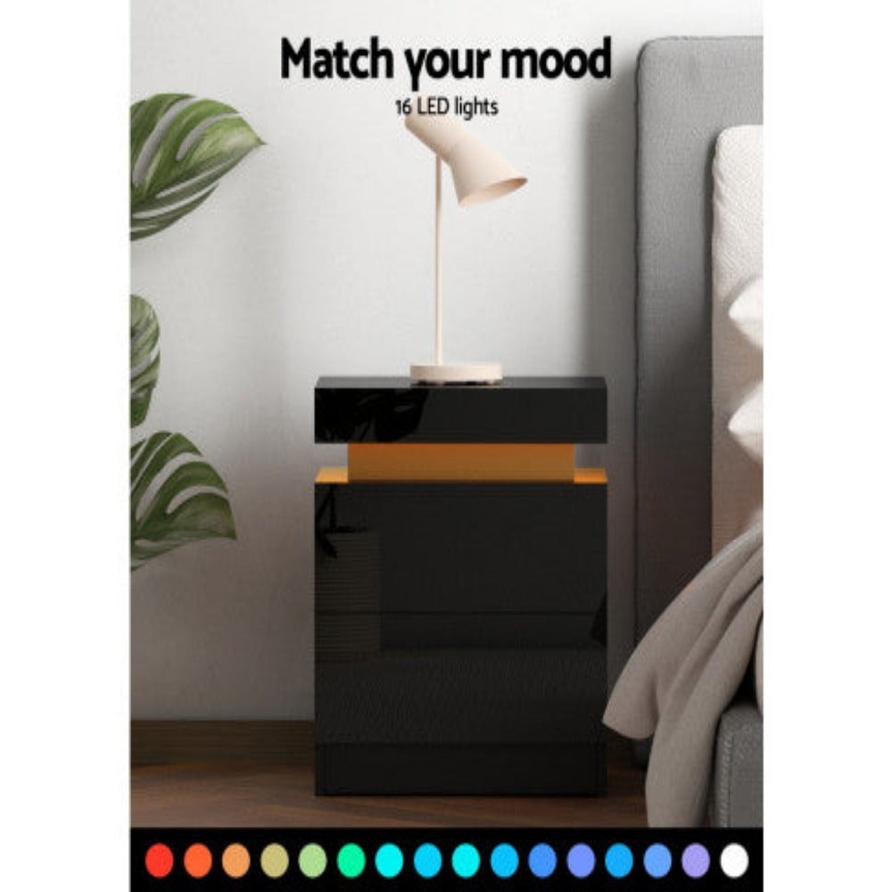 Artiss Bedside Table LED 2 Drawers Lift-up Storage - COLEY Black 6