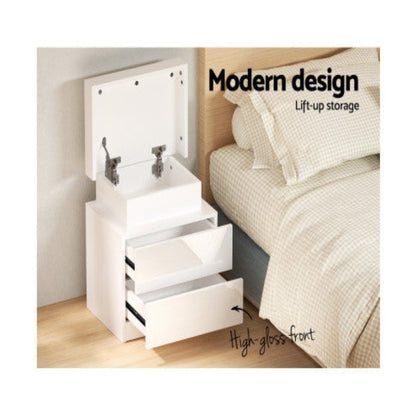 Artiss Bedside Table LED 2 Drawers Lift-up Storage - COLEY White 5