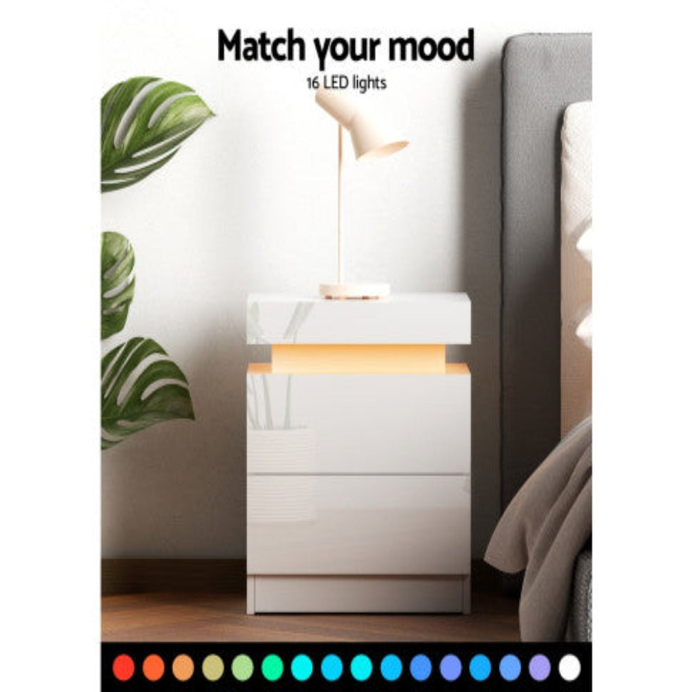 Artiss Bedside Table LED 2 Drawers Lift-up Storage - COLEY White 6