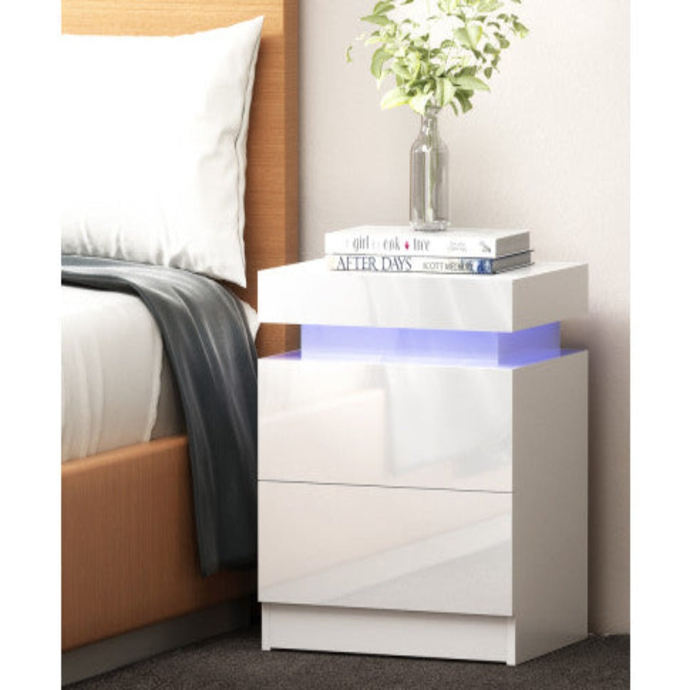 Artiss Bedside Table LED 2 Drawers Lift-up Storage - COLEY White 8