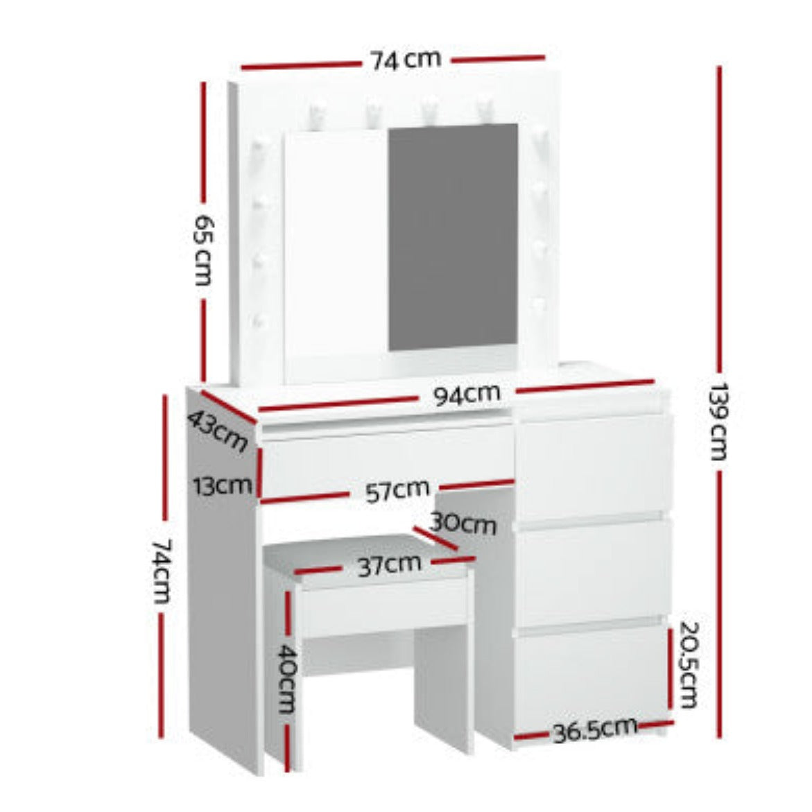 Artiss Dressing Table Set Stool 12 Led Bulbs White 2
