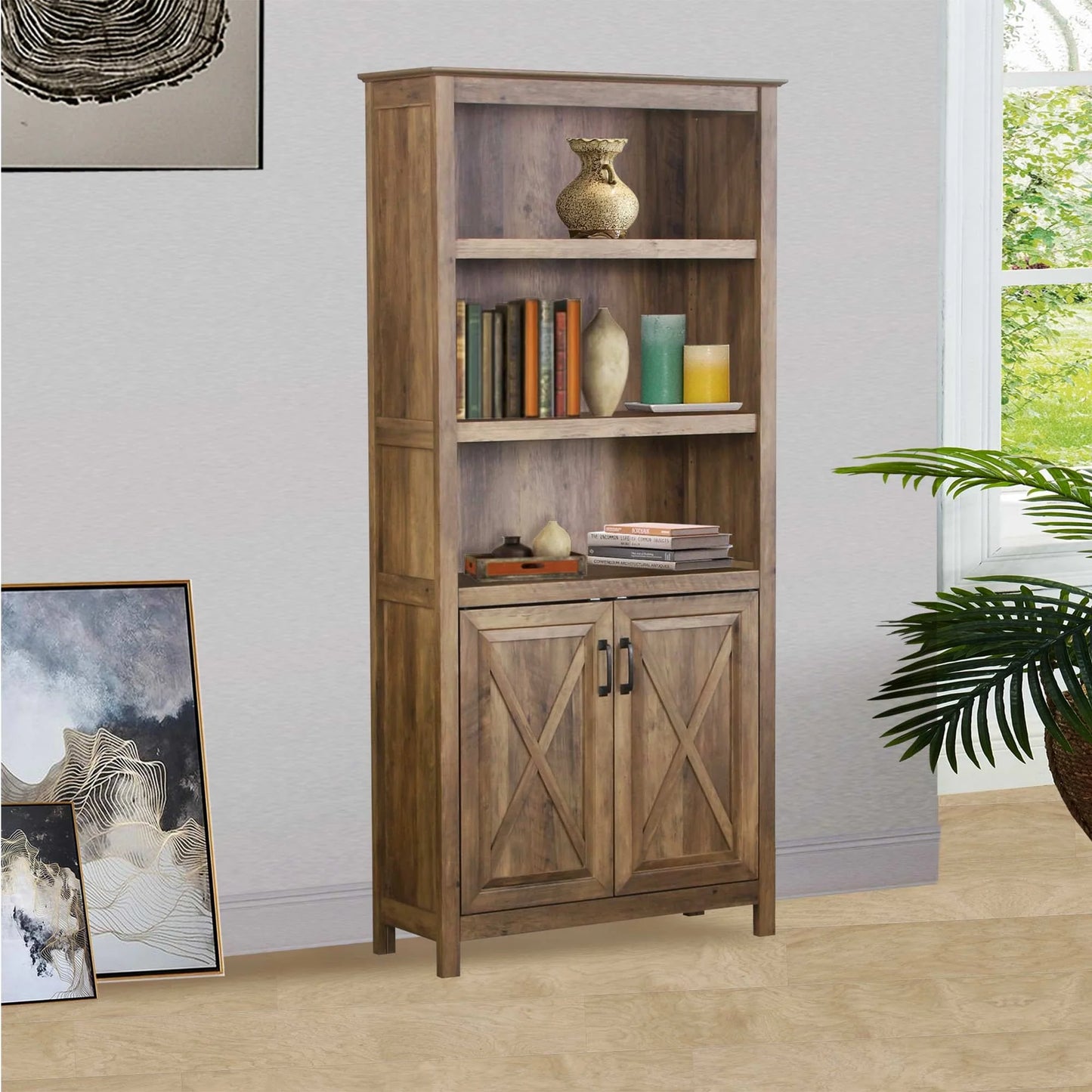 Xylora Oxford 5 Shelf Bookcase with Doors in Rustic Oak- houseofhyne