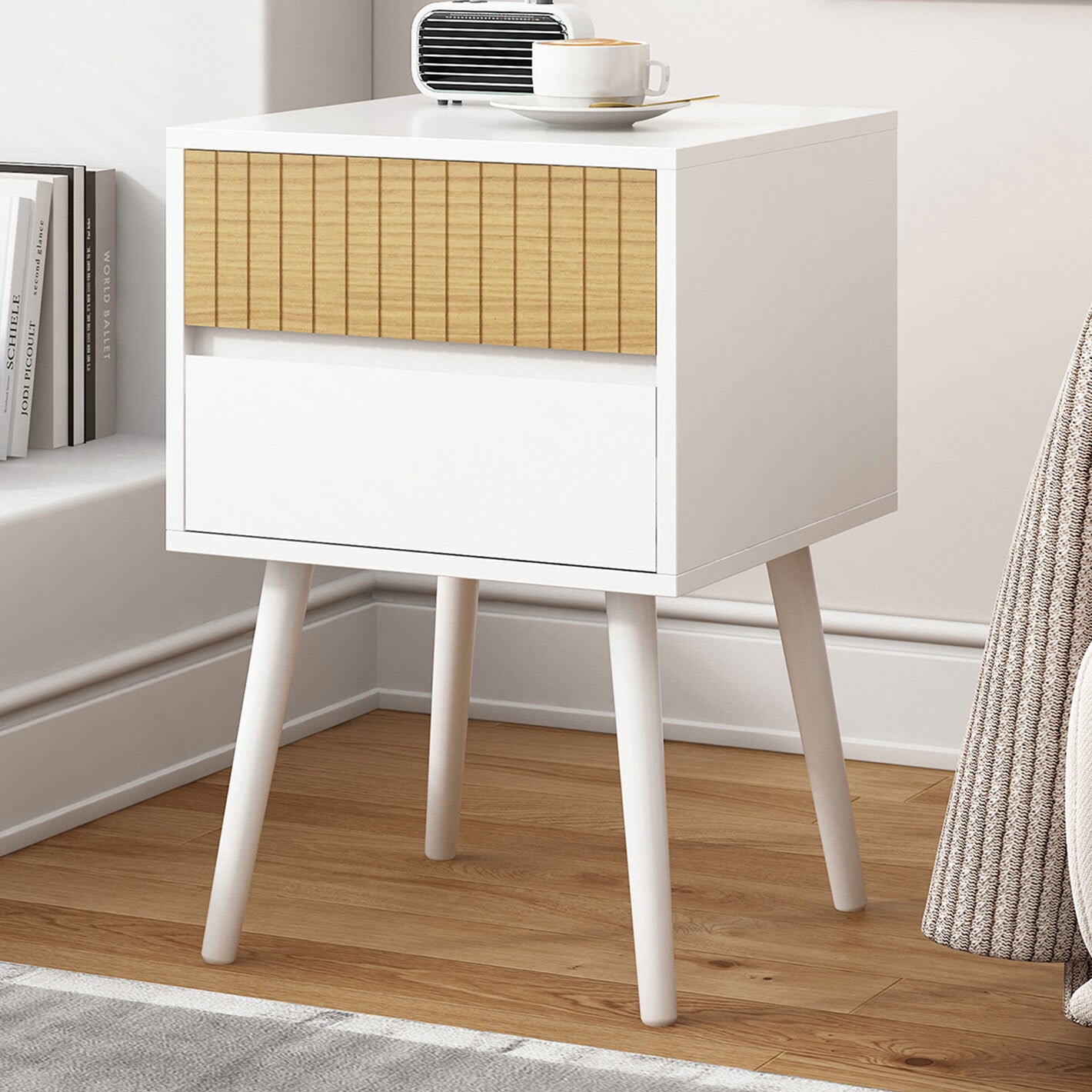 Xylox Oslo Bedside Table with 2 Drawers in White & Natural-houseofhyne