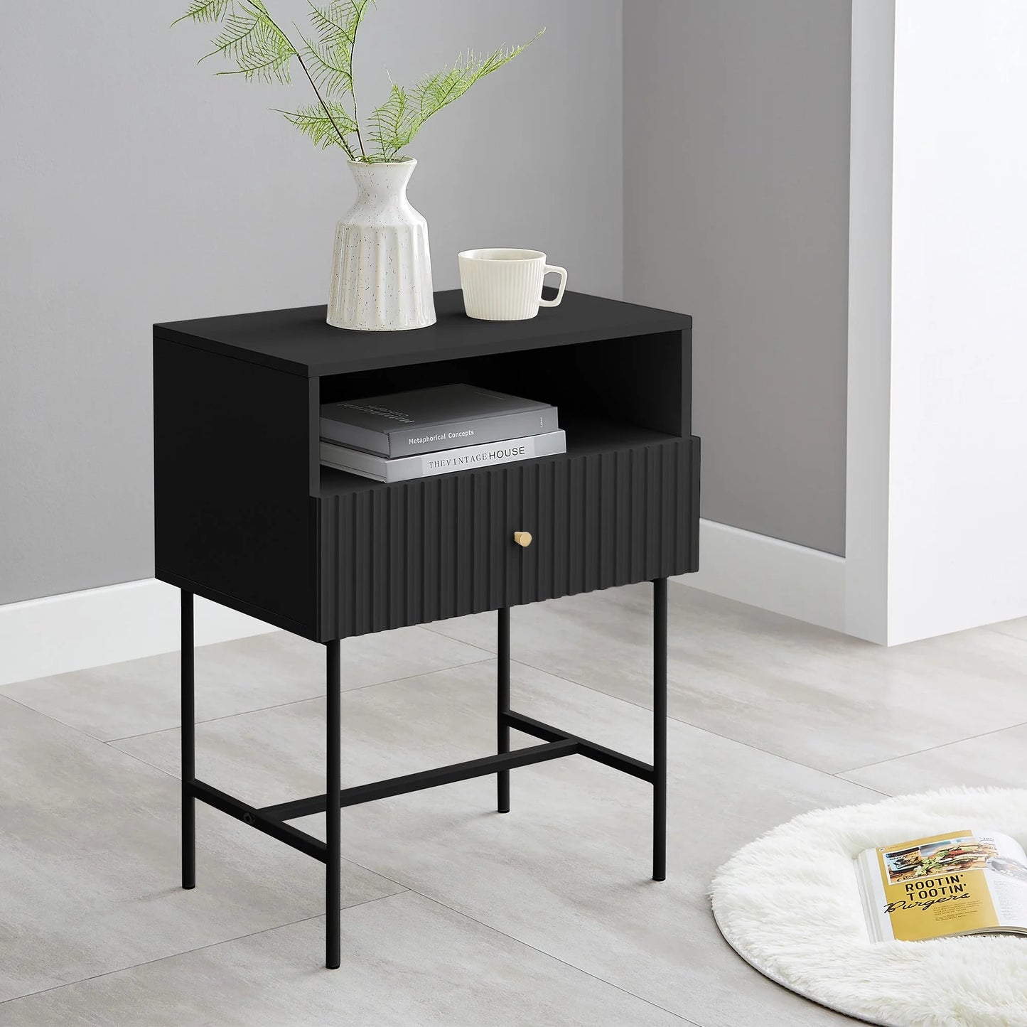 Vylorin Lucia Slender Fluted Bedside Table in Black - House of Hyne