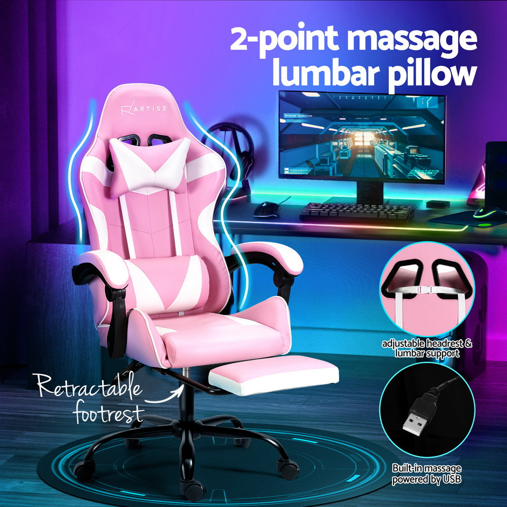 Frilnok Artiss 2 Point Massage Gaming Office Chair Footrest Pink-houseofhyne