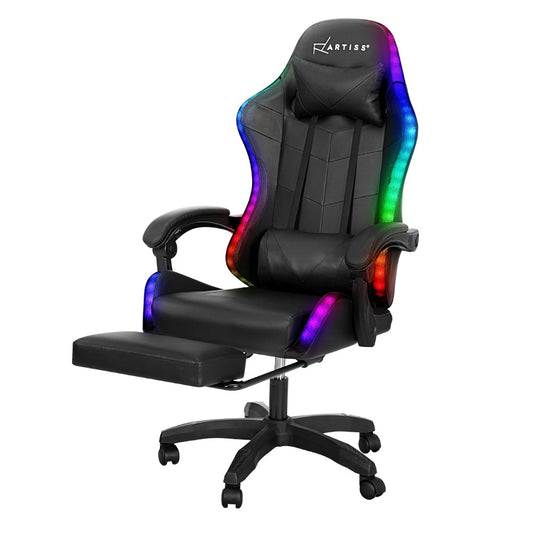 Blorvak Artiss 6 Point Massage Gaming Office Chair 7 LED Footrest Black-houseofhyne