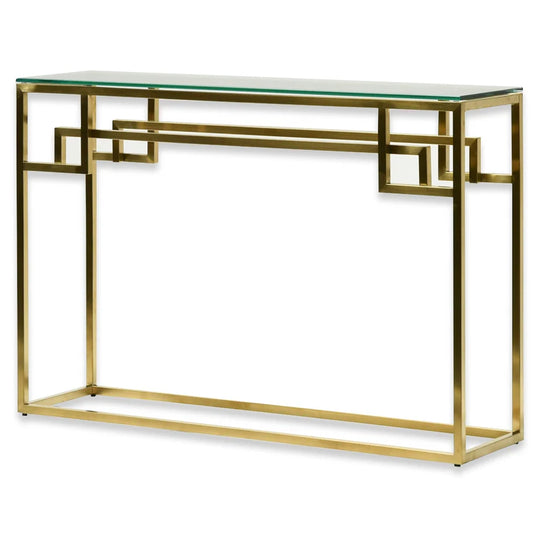 Mirage  1.15m Console Glass Table - Brushed Gold Base - House of Hyne