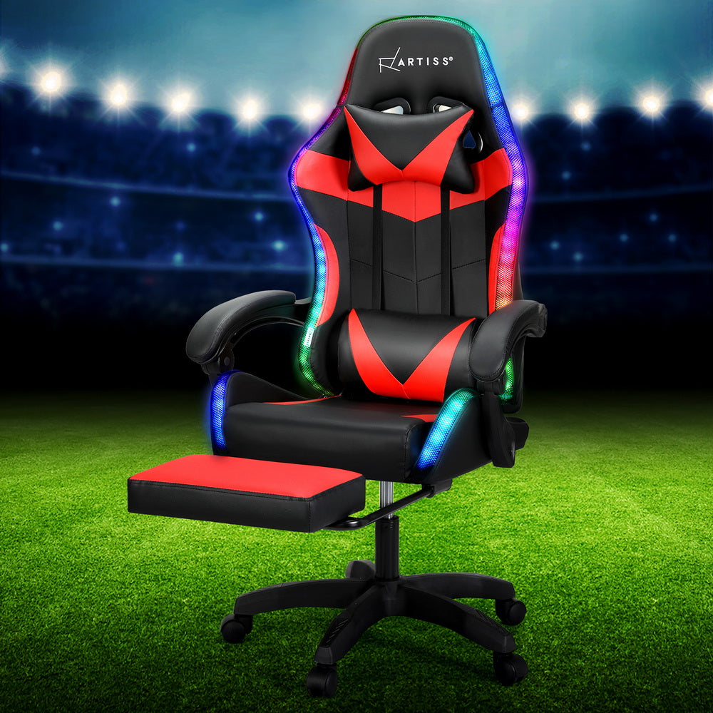 Nebulon Artiss 6 Point Massage Gaming Office Chair 7 LED Footrest Red - House of Hyne