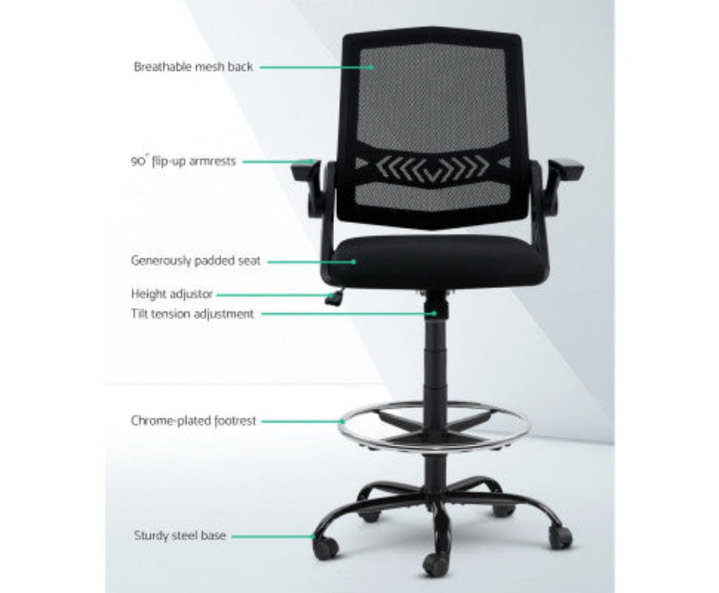 Artiss Office Chair Drafting Stool Mesh Chairs Black 4