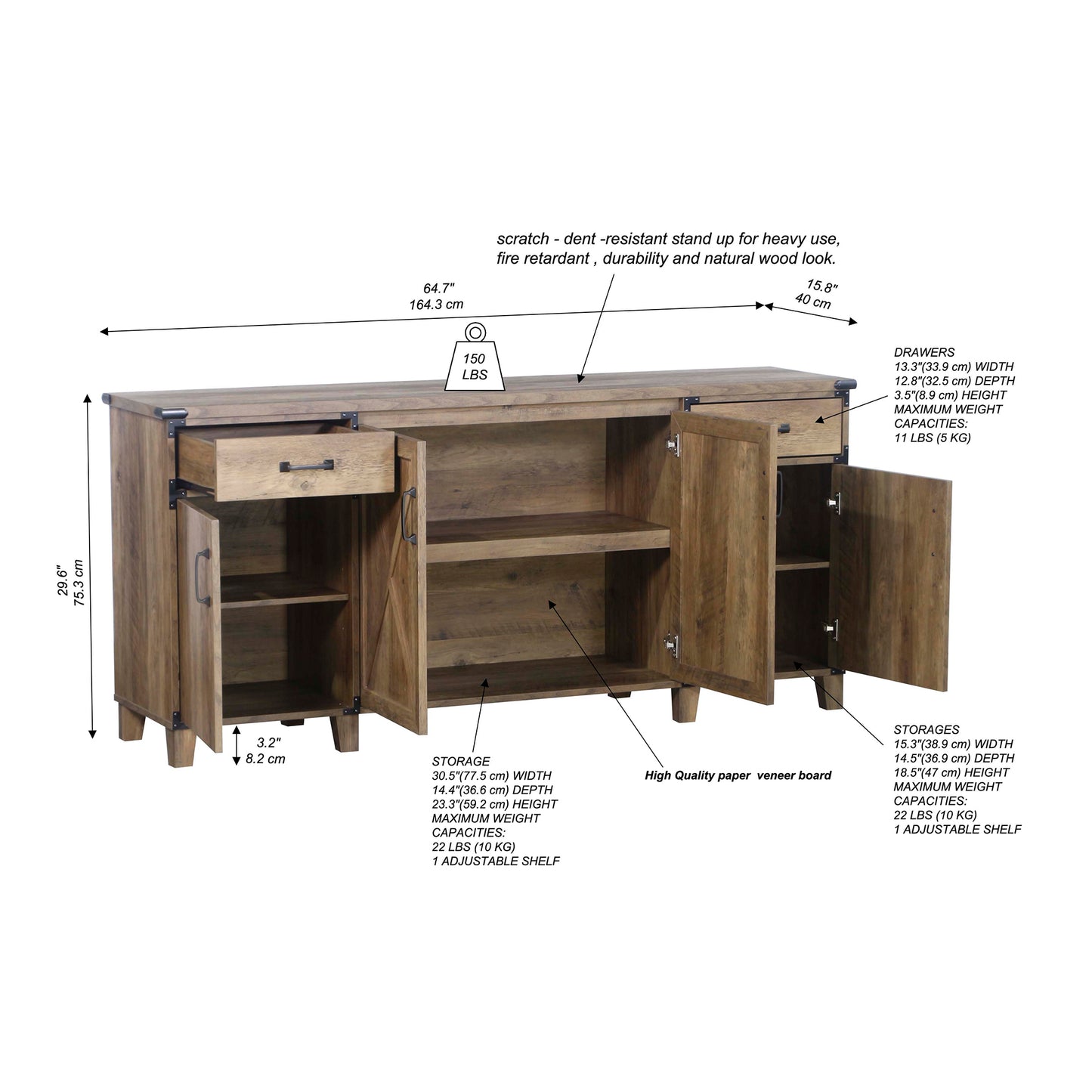 Zyphron Oxford Large Storage Credenza in Rustic Oak-houseofhyne