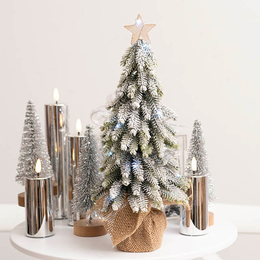 Orvian Snow Pine LED Burlap Table Top Tree w Star White (40cmH) Set of 2 - House of Hyne