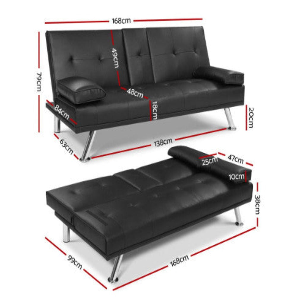 Artiss Sofa Bed 168CM Black PU Leather 2