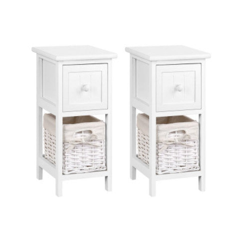 Artiss Bedside Table 1 Drawer with Basket Rustic White X2 1