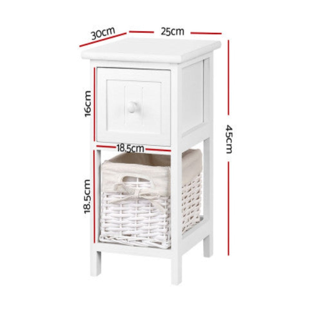 Artiss Bedside Table 1 Drawer with Basket Rustic White X2 2