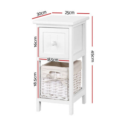 Artiss Bedside Table 1 Drawer with Basket Rustic White X2 2