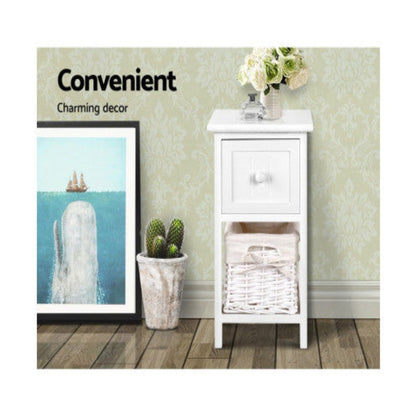 Artiss Bedside Table 1 Drawer with Basket Rustic White X2 5