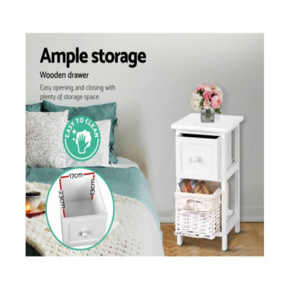 Artiss Bedside Table 1 Drawer with Basket Rustic White X2 6