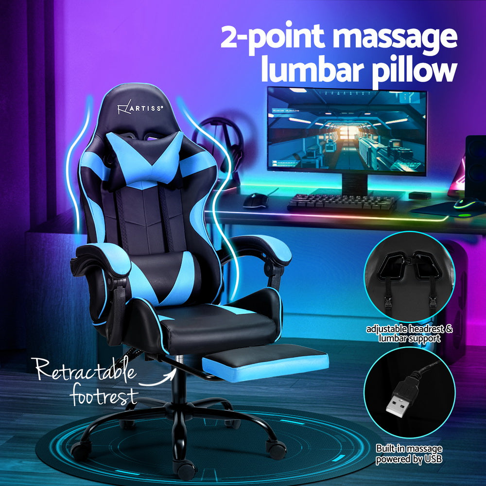 Stellarian Artiss 2 Point Massage Gaming Office Chair Footrest Cyan Blue - House of Hyne