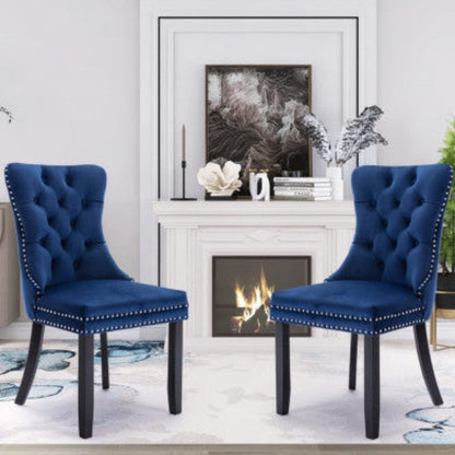 2x Velvet Dining Chairs Upholstered Tufted Kithcen Chair with Solid Wood Legs Stud Trim and Ring-Blue 12