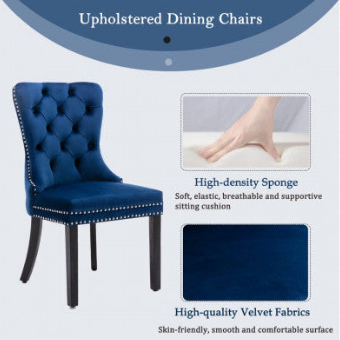 2x Velvet Dining Chairs Upholstered Tufted Kithcen Chair with Solid Wood Legs Stud Trim and Ring-Blue 5