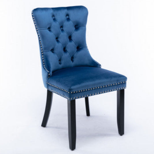 2x Velvet Dining Chairs Upholstered Tufted Kithcen Chair with Solid Wood Legs Stud Trim and Ring-Blue 1