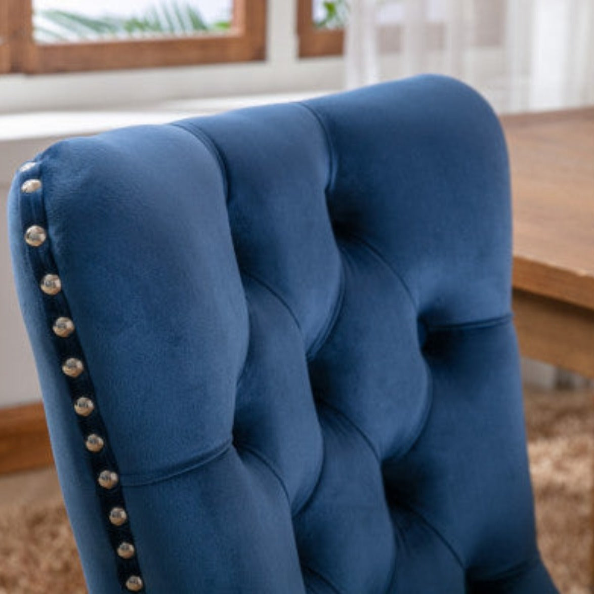 2x Velvet Dining Chairs Upholstered Tufted Kithcen Chair with Solid Wood Legs Stud Trim and Ring-Blue 2