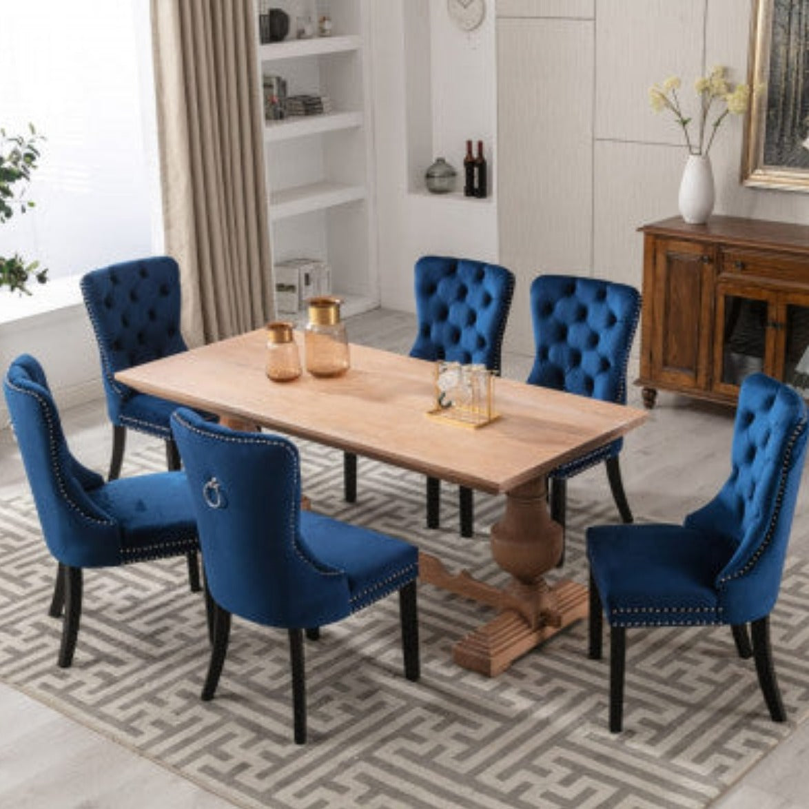 2x Velvet Dining Chairs Upholstered Tufted Kithcen Chair with Solid Wood Legs Stud Trim and Ring-Blue 9