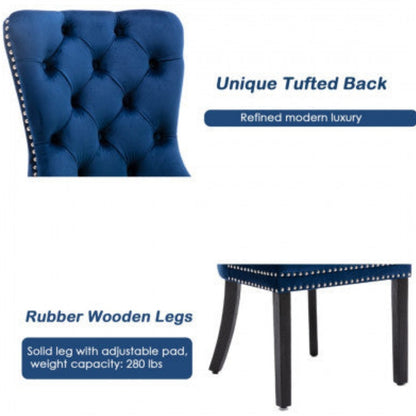 2x Velvet Dining Chairs Upholstered Tufted Kithcen Chair with Solid Wood Legs Stud Trim and Ring-Blue 7