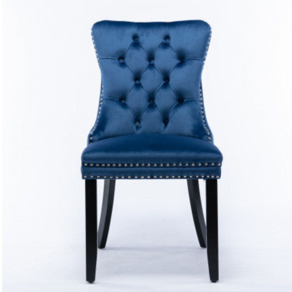 2x Velvet Dining Chairs Upholstered Tufted Kithcen Chair with Solid Wood Legs Stud Trim and Ring-Blue 8