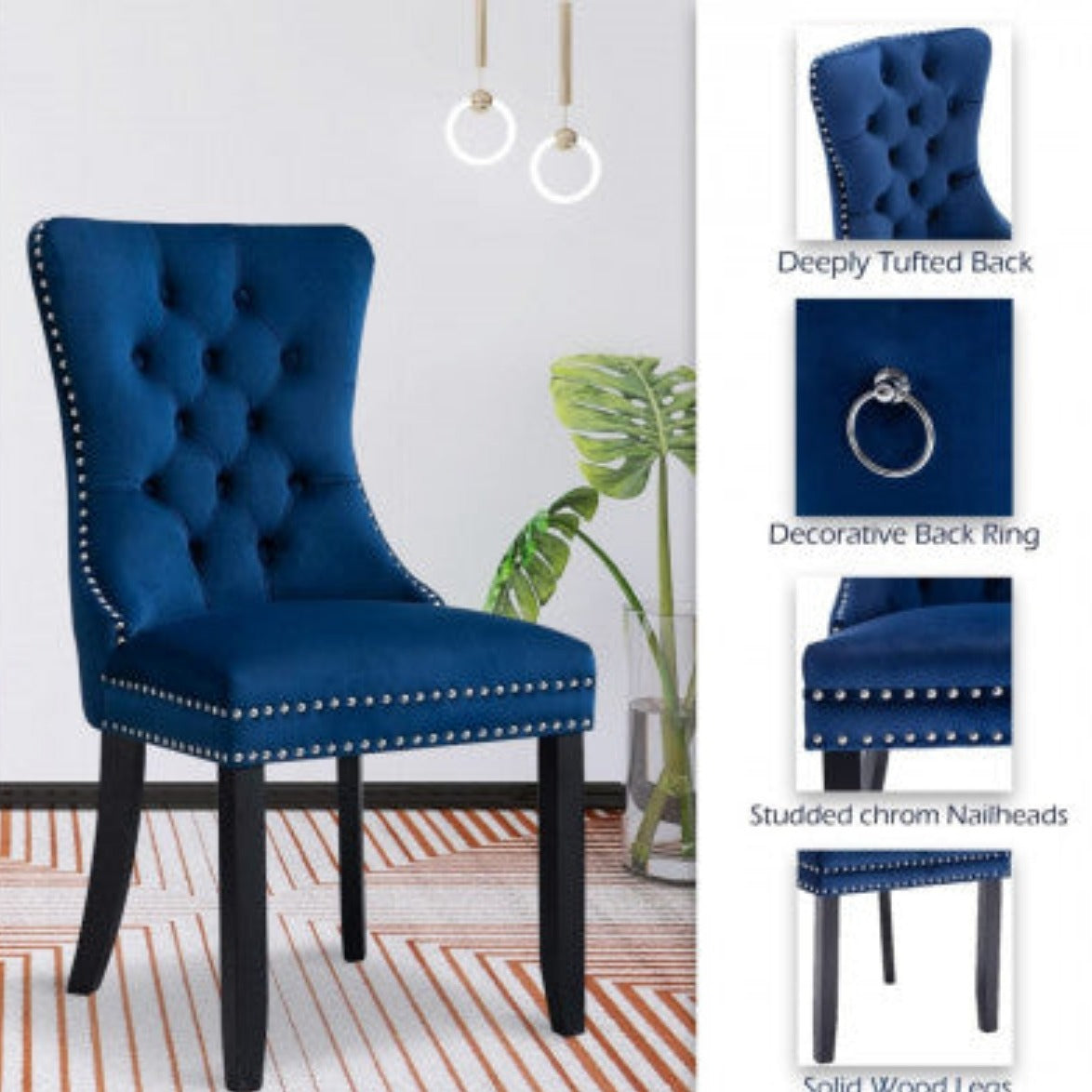 2x Velvet Dining Chairs Upholstered Tufted Kithcen Chair with Solid Wood Legs Stud Trim and Ring-Blue 13