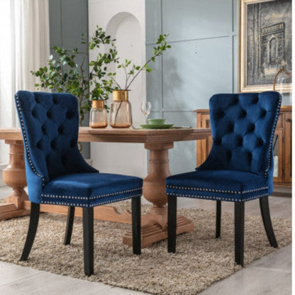 2x Velvet Dining Chairs Upholstered Tufted Kithcen Chair with Solid Wood Legs Stud Trim and Ring-Blue 15