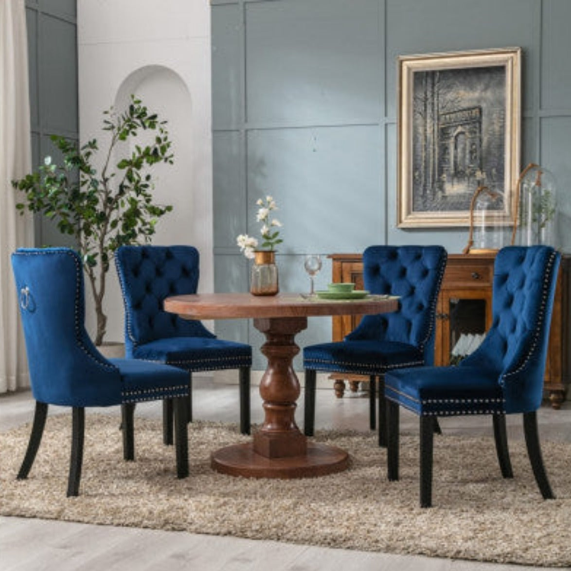 2x Velvet Dining Chairs Upholstered Tufted Kithcen Chair with Solid Wood Legs Stud Trim and Ring-Blue 16